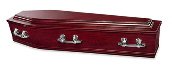Mayfair Funerals Perth Rosewood Coffin with Swan Raised Lid and silver handles.