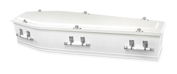 Mayfair Funerals Gloss White Coffin Swan with Raised Lid and silver handles