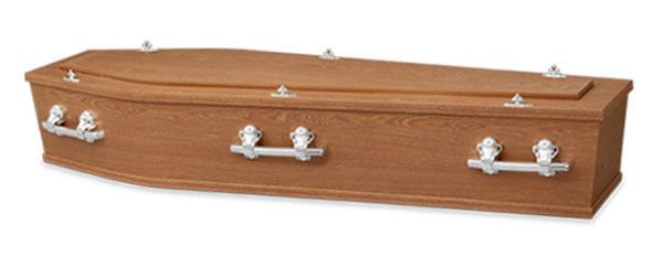 Mayfair Funerals Perth Oak Coffin with Swan Raised Lid and silver handles.
