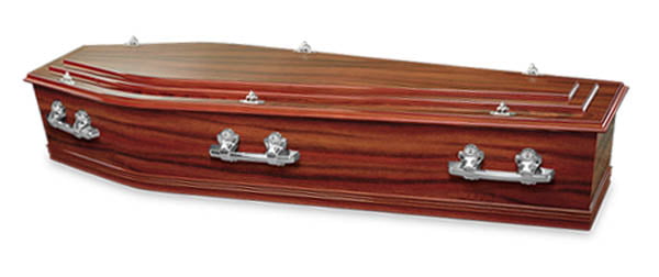 Mayfair Funerals Perth Sapele Coffin with Swan Raised Lid and silver handles.